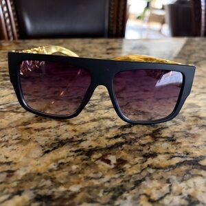 Black Frame Sunglasses with Purple Gradient Lenses and Gold Temples